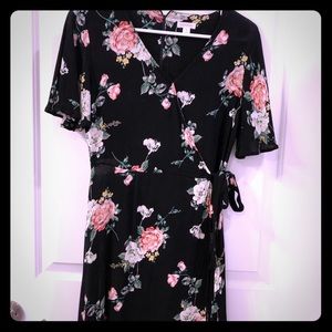 Black floral faux wrap dress